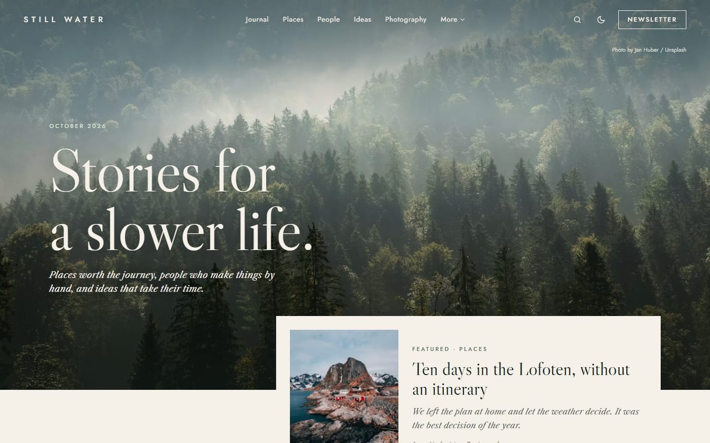 The Evergreen Ghost theme homepage, a full-bleed photograph